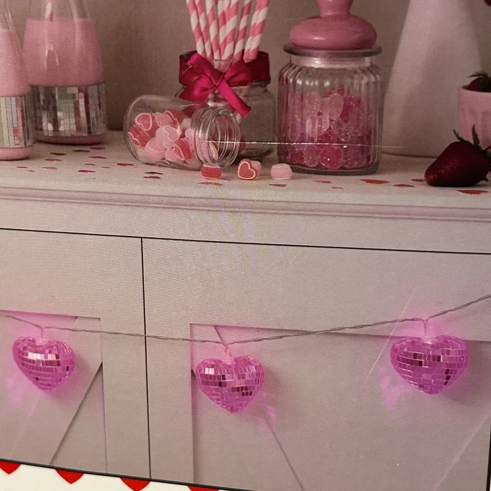 Pink Disco Hearts String Lights 10 LED 5.5ft Hobby Lobby Valentines Hearts NEW